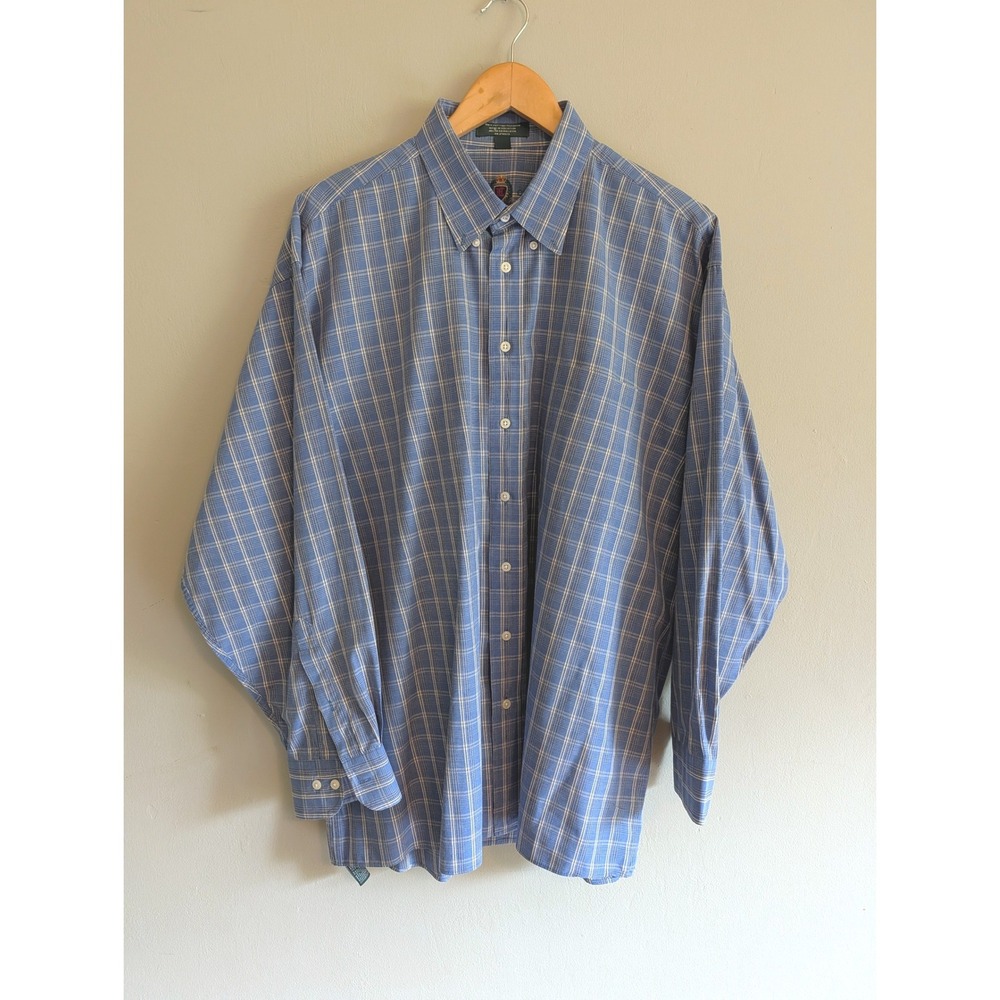 Vintage 90s Hunt Club Mens Blue Yellow Plaid Button Down Shirt 17.5 34/35 Cotton